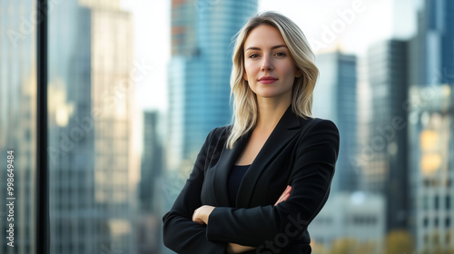 Free Download A confident and mature Caucasian businesswoman in a dark suit stands in front of a softly blurred modern cityscape, her poised demeanor and sharp features reflecting leadership and - GFXLoad