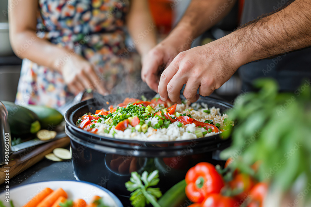 Couple is adding fresh vegetables to a rice cooker, preparing a healthy meal together in their kitchen Couple is adding fresh vegetables to a rice cooker, preparing a healthy meal together in their kitchen