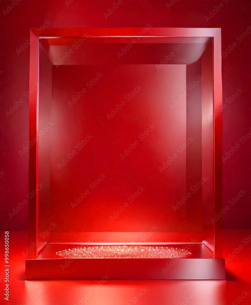 A red glass display case with a circular base and a red background, illuminated from below A red glass display case with a circular base and a red background, illuminated from below