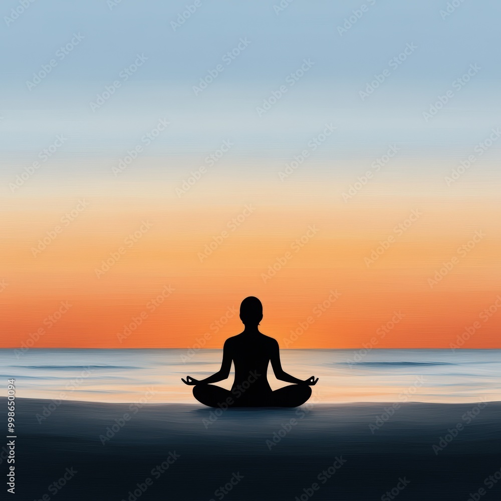 Silhouette of a person meditating by the ocean at sunset, calm and serene atmosphere. Silhouette of a person meditating by the ocean at sunset, calm and serene atmosphere.