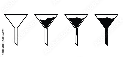 Cartoon metal or plastic funnel. Funnels for household and kitchen. Funnel for filling bottles. Kitchen cooking tools. For filling food, oil, water, fuel, gasoline or diesel. funnels with handle. 