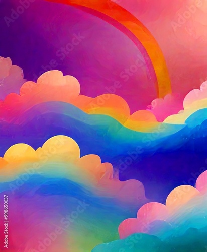 A vibrant, pastel-colored digital illustration rainbow arching across a sky filled with fluffy clouds, creating a dreamy and whimsical atmosphere
