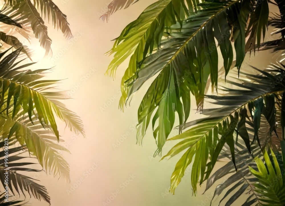 a lush tropical scene with palm leaves in various shades of green, creating a sense of depth and perspective The leaves are arranged in a way that suggests they are a lush tropical scene with palm leaves in various shades of green, creating a sense of depth and perspective The leaves are arranged in a way that suggests they are