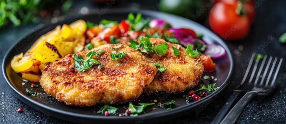Close-up of crispy fried chicken cutlets with grilled bell peppers and red onion slices on a black plate, with parsley and peppercorns sprinkled on top. Close-up of crispy fried chicken cutlets with grilled bell peppers and red onion slices on a black plate, with parsley and peppercorns sprinkled on top.
