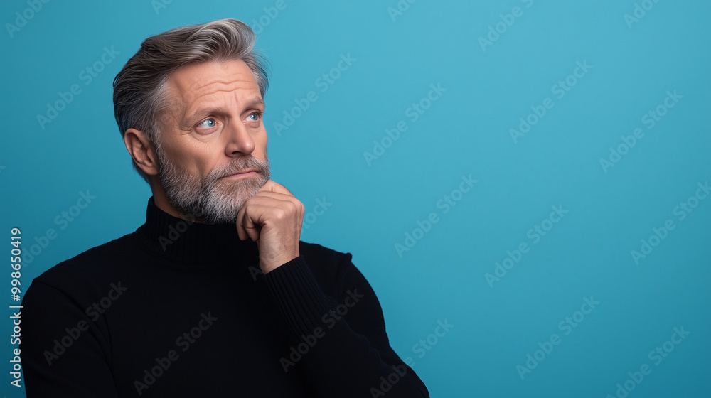 A middle-aged man in a thoughtful pose, his brow slightly furrowed, deep in contemplation, set against a soft pastel blue background. A middle-aged man in a thoughtful pose, his brow slightly furrowed, deep in contemplation, set against a soft pastel blue background.