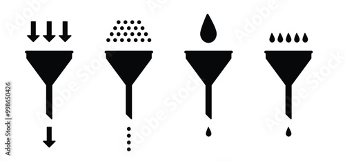 Cartoon metal or plastic funnel. Funnels for household and kitchen. Funnel for filling bottles. Kitchen cooking tools. For filling food, oil, water, fuel, gasoline or diesel. funnels with handle. 