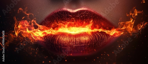 Close-up of red glossy lips with flames photo