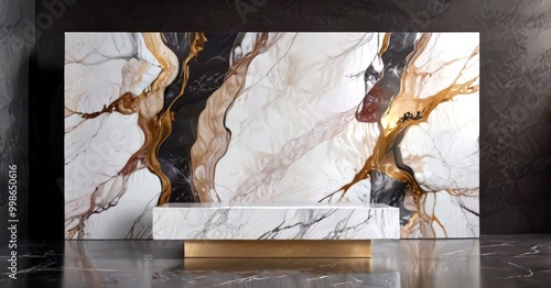 a marble wall with a striking abstract pattern in gold and black, set against a dark background In the foreground, there is a white marble pedestal with a gold base, photo