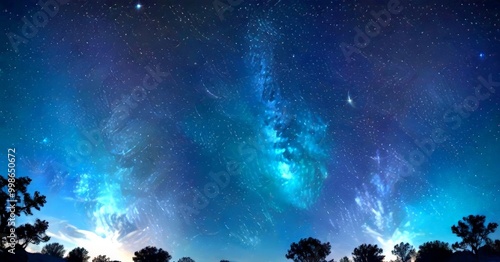 A night sky filled with twinkling stars and a glowing Milky Way galaxy, with silhouetted trees in the foreground photo