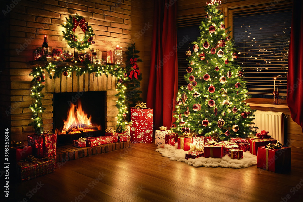 Interior Christmas Scene with Glowing Tree, Fireplace, and Gifts in the Dark Interior Christmas Scene with Glowing Tree, Fireplace, and Gifts in the Dark