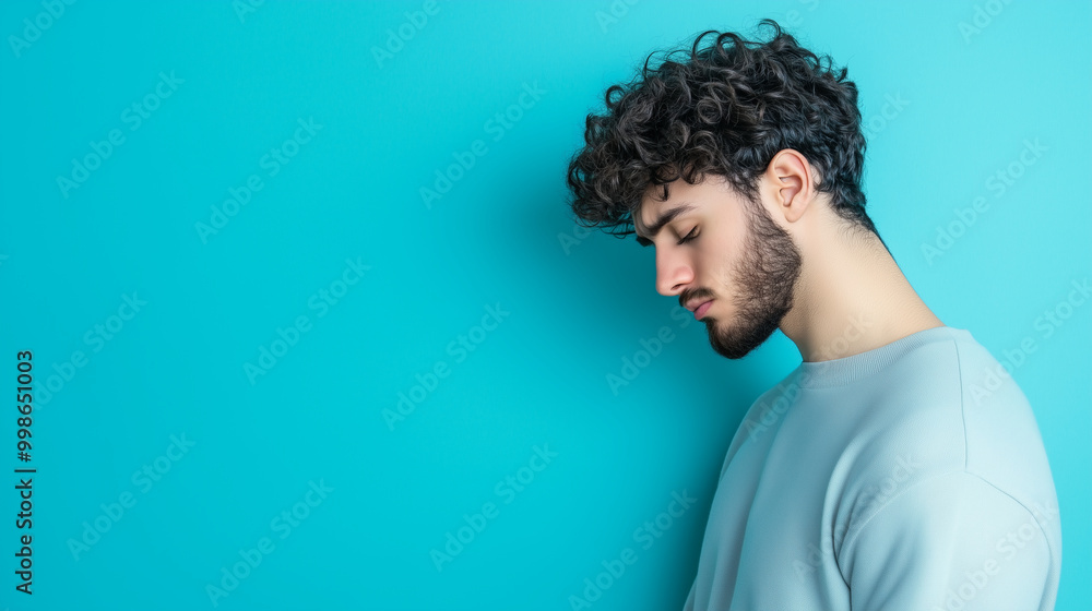 A man with an embarrassed expression, cheeks slightly flushed, his head bowed, standing on a soft pastel blue background. A man with an embarrassed expression, cheeks slightly flushed, his head bowed, standing on a soft pastel blue background.