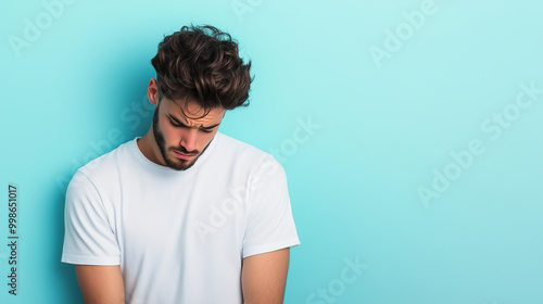 A man with an embarrassed expression, cheeks slightly flushed, his head bowed, standing on a soft pastel blue background.