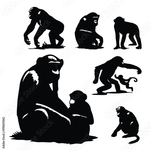 black silhouette chimpanzees set vector with white background photo