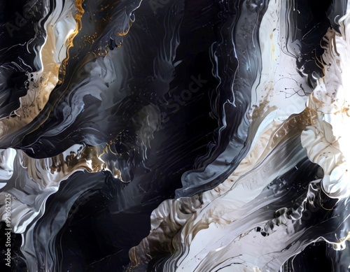 an abstract representation swirling, fluid pattern in black, white, and gold colors photo