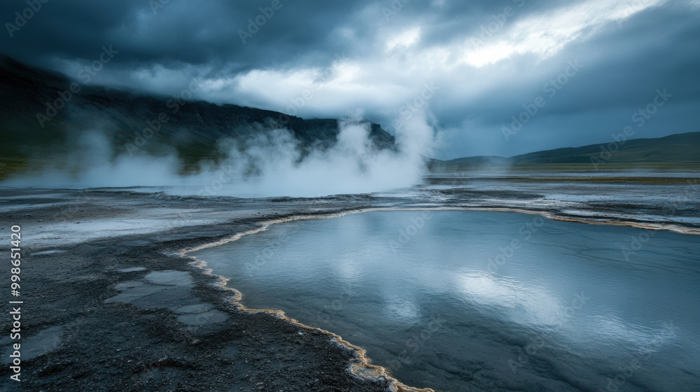 serene landscape featuring steam rising from hot spring, surrounded by dramatic sky and rugged terrain. tranquil water reflects moody atmosphere, creating captivating scene serene landscape featuring steam rising from hot spring, surrounded by dramatic sky and rugged terrain. tranquil water reflects moody atmosphere, creating captivating scene