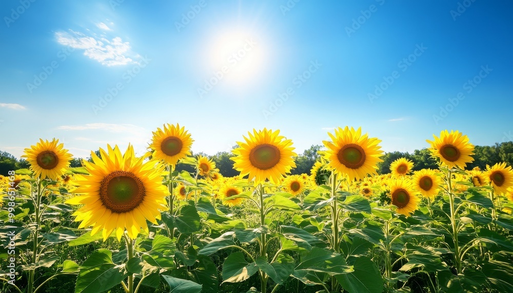 Fototapeta premium Sunflower Field. Sunflowers in Bloom. Sunflower Garden. Golden Hour Sunflowers. Sunny Sunflower Field.