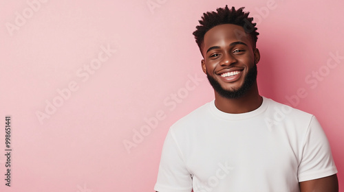 A man with a gentle, loving smile, his eyes soft and full of warmth, standing against a pastel pink backdrop, capturing affection.