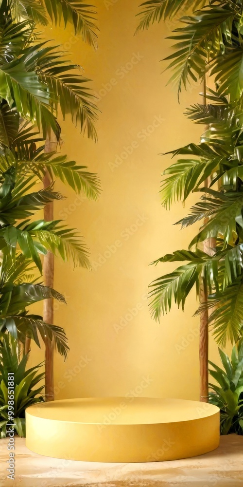 A round, yellow podium stands in the center tropical setting, surrounded by lush green palm leaves on either side A round, yellow podium stands in the center tropical setting, surrounded by lush green palm leaves on either side