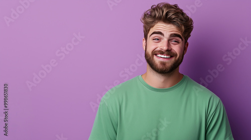 A man with a sarcastic grin, one eyebrow raised as if he's about to say something witty, standing against a pastel purple background. photo