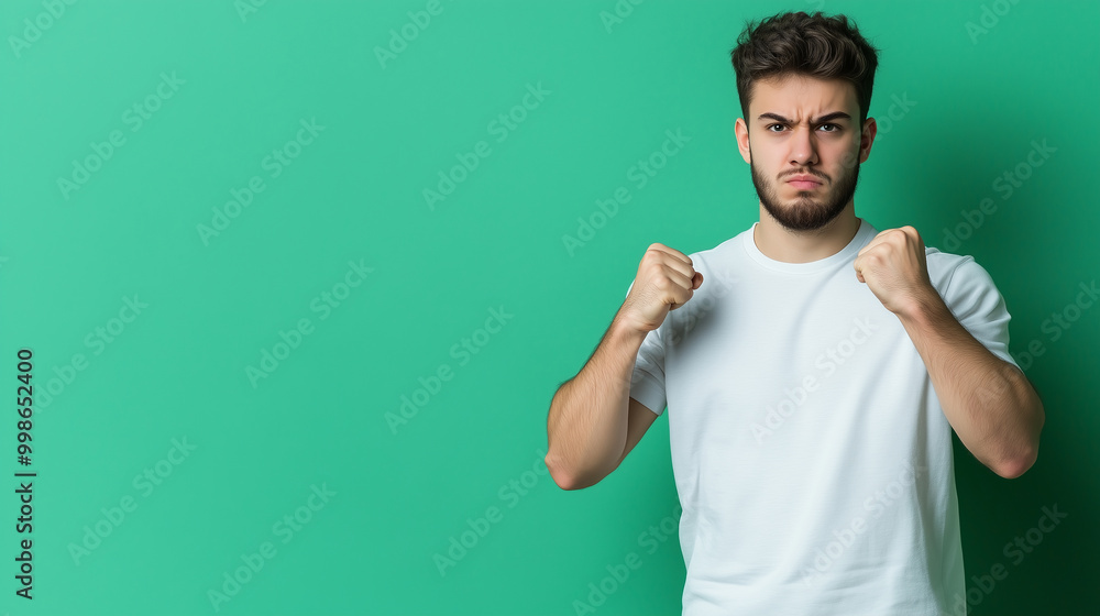 A young man clenching his fists, his expression determined and strong, standing against a pastel green background with open copy space, representing ambition and drive. A young man clenching his fists, his expression determined and strong, standing against a pastel green background with open copy space, representing ambition and drive.