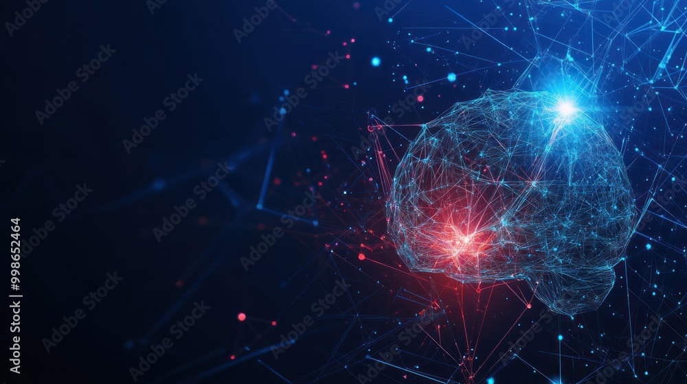 Abstract brain made of glowing lines and dots with red and blue light. Abstract brain made of glowing lines and dots with red and blue light.