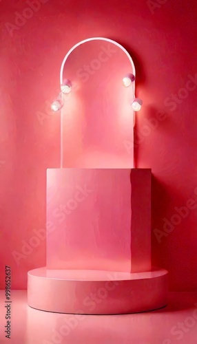 A pink pedestal with a white arch and lights on top, set against a pink background photo