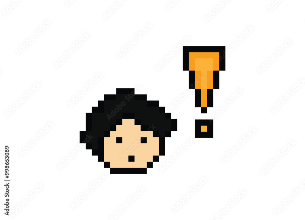 Obraz premium Cute pixel cartoon character man with exclamation mark decoration 8 bit male boy surprise idea exclamation alert cartoon pixel game png vector.