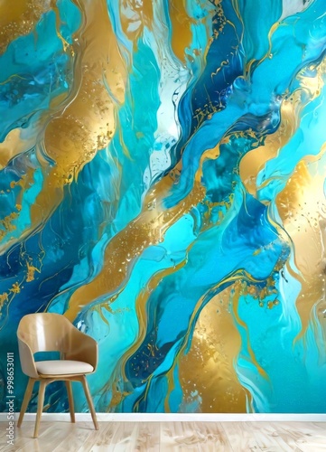 a wooden chair positioned in front vibrant, abstract mural painted on a wall The mural features swirling patterns of blue and gold hues, creating a dynamic and photo