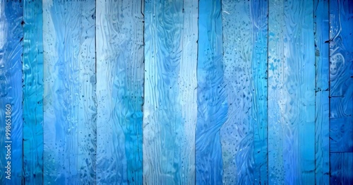 a close-up view wooden surface with vertical planks in various shades of blue, arranged in a grid-like pattern