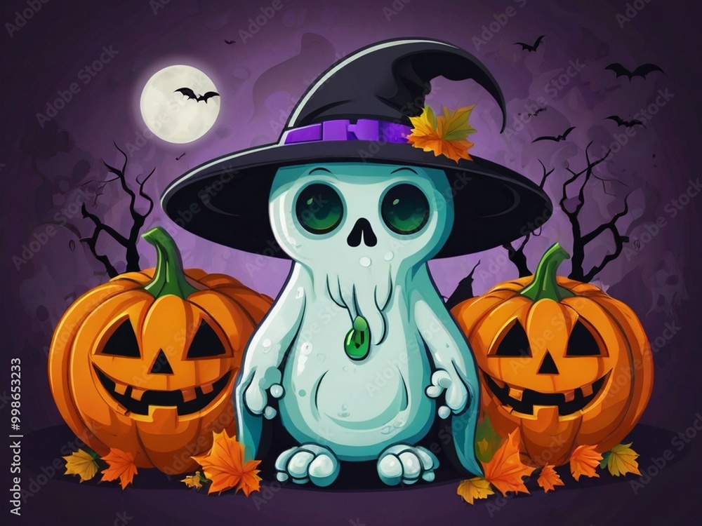 Fototapeta premium Halloween ghost character flat illustration with halloween hat on ghost head