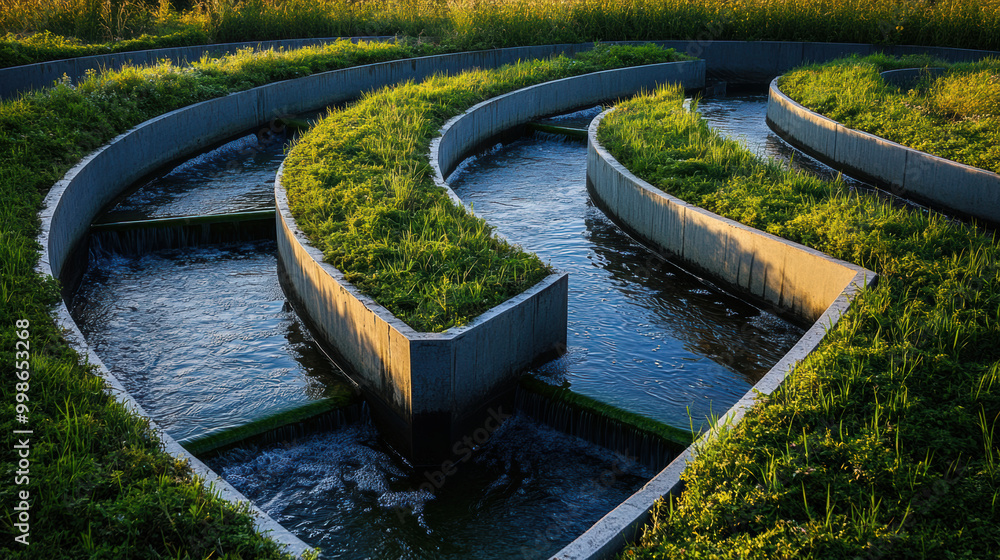intricate irrigation system showcases water flowing through curved channels, surrounded by lush greenery, creating serene and harmonious landscape intricate irrigation system showcases water flowing through curved channels, surrounded by lush greenery, creating serene and harmonious landscape