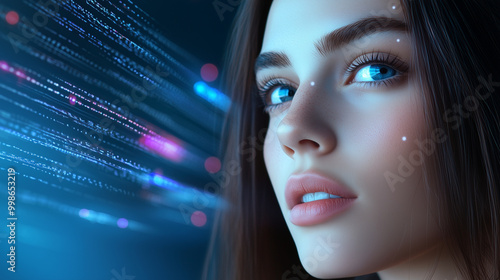 The face of a beautiful woman with piercing eyes, confidently gazing into the distance as digital data and bright connections pulse in the background, giving a sense of future inno photo