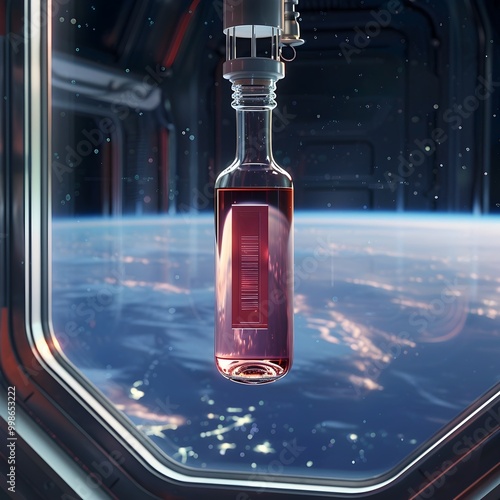Fototapeta Naklejka Na Ścianę i Meble -  Futuristic Holographic Bottle Suspended in Zero Gravity Space Station with Earth View
