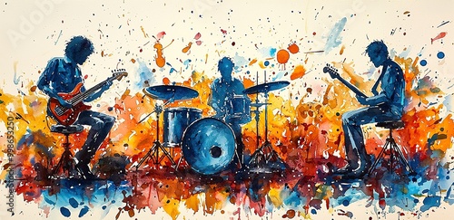 Watercolor painting of a rock band performing live on stage.