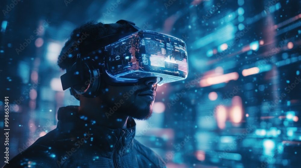 A man wearing a VR headset looks into the digital future. A man wearing a VR headset looks into the digital future.
