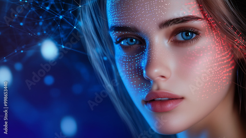 The face of a beautiful woman with a focused, confident gaze, her features highlighted against a backdrop of vibrant, interconnected data flows, symbolizing technological advanceme photo