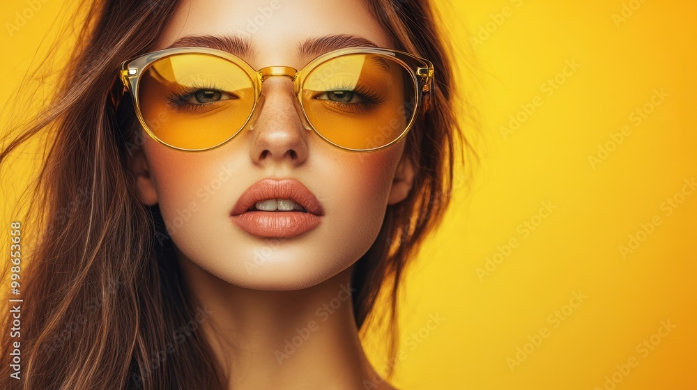 Close-up of a woman with long brown hair wearing yellow sunglasses against a yellow background. Close-up of a woman with long brown hair wearing yellow sunglasses against a yellow background.