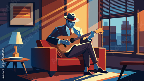 Gangster Playing Guitar on a Sofa. Perfect for: Halloween, Film Festivals, Urban Art Exhibitions