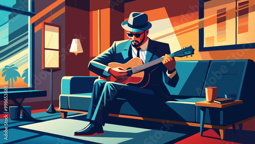 Gangster Playing Guitar on a Sofa. Perfect for: Halloween, Film Festivals, Urban Art Exhibitions