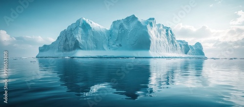 A majestic iceberg with a blue hue, reflecting in calm water with a light blue sky and a few white clouds.