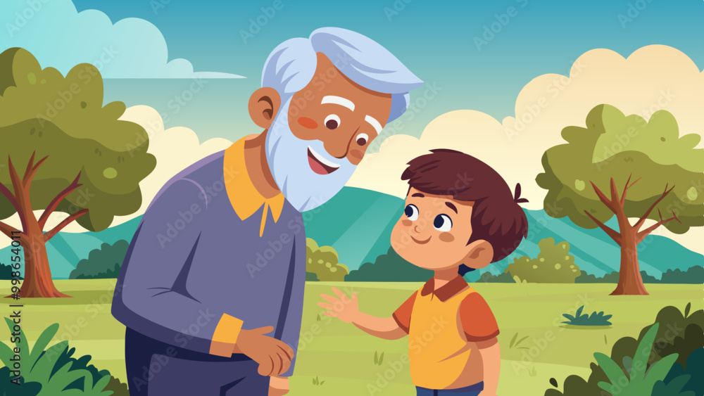 Hand-Drawn Elderly Man and Grandson in Park. Perfect for: Grandparents' Day, Family Reunions, Park Events Hand-Drawn Elderly Man and Grandson in Park. Perfect for: Grandparents' Day, Family Reunions, Park Events