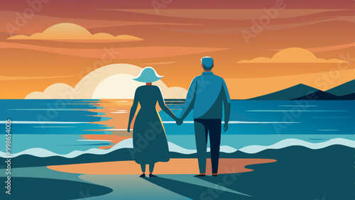 Hand-Drawn Elderly Couple Walking on Beach at Sunset. Perfect for: Anniversaries, Beach Weddings, Retirement Celebrations