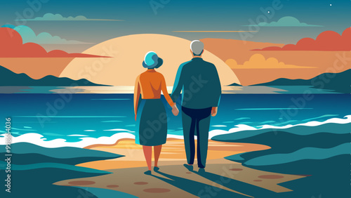 Hand-Drawn Elderly Couple Walking on Beach at Sunset. Perfect for: Anniversaries, Beach Weddings, Retirement Celebrations