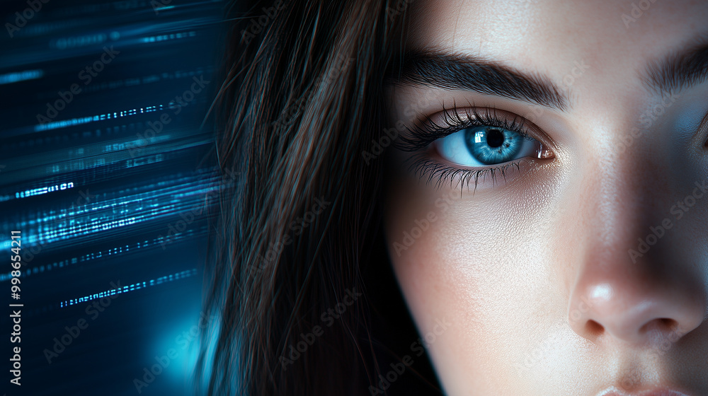 The face of a woman exuding confidence and ambition, her eyes shining with determination, set against a bright digital network background with flowing data, creating a futuristic, The face of a woman exuding confidence and ambition, her eyes shining with determination, set against a bright digital network background with flowing data, creating a futuristic,