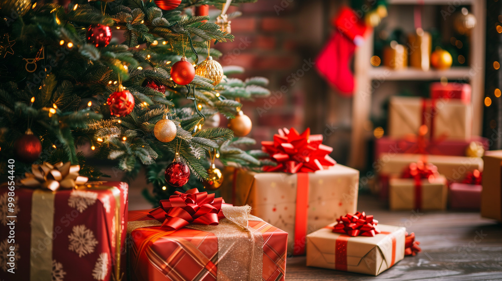 Christmas tree with red and gold ornaments surrounded by beautifully wrapped presents in a cozy holiday setting Christmas tree with red and gold ornaments surrounded by beautifully wrapped presents in a cozy holiday setting