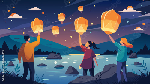 Hand-Drawn Young People Releasing Sky Lanterns at Night. Perfect for: New Year's Eve, Mid-Autumn Festival, Lantern Festivals