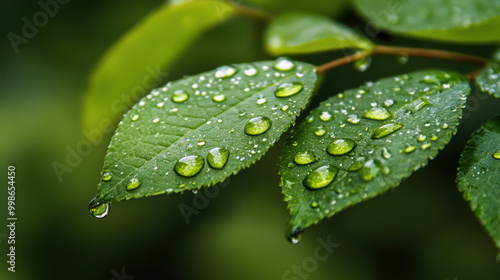 Water droplets resting delicately on green leaves create serene and refreshing atmosphere, showcasing natures beauty and tranquility