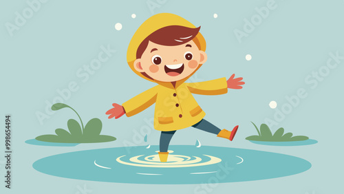 Hand-Drawn Boy Jumping in Puddle on Rainy Day. Perfect for: Children's Day, Rainy Season, Home
