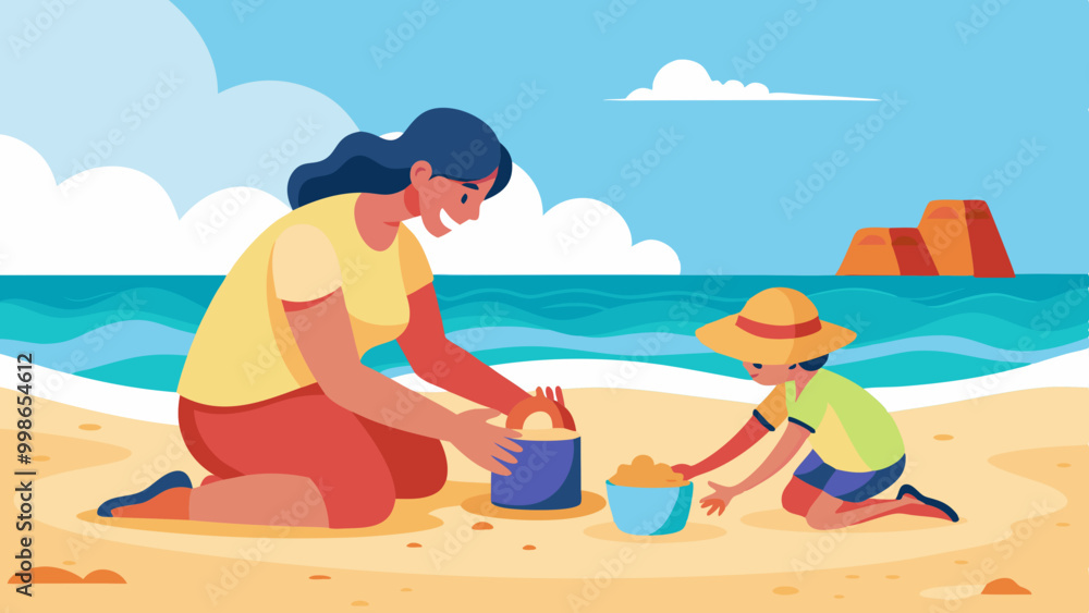 Hand-Drawn Mother and Child Building Sandcastle. Perfect for: Summer, Family Day, Beach Day Hand-Drawn Mother and Child Building Sandcastle. Perfect for: Summer, Family Day, Beach Day