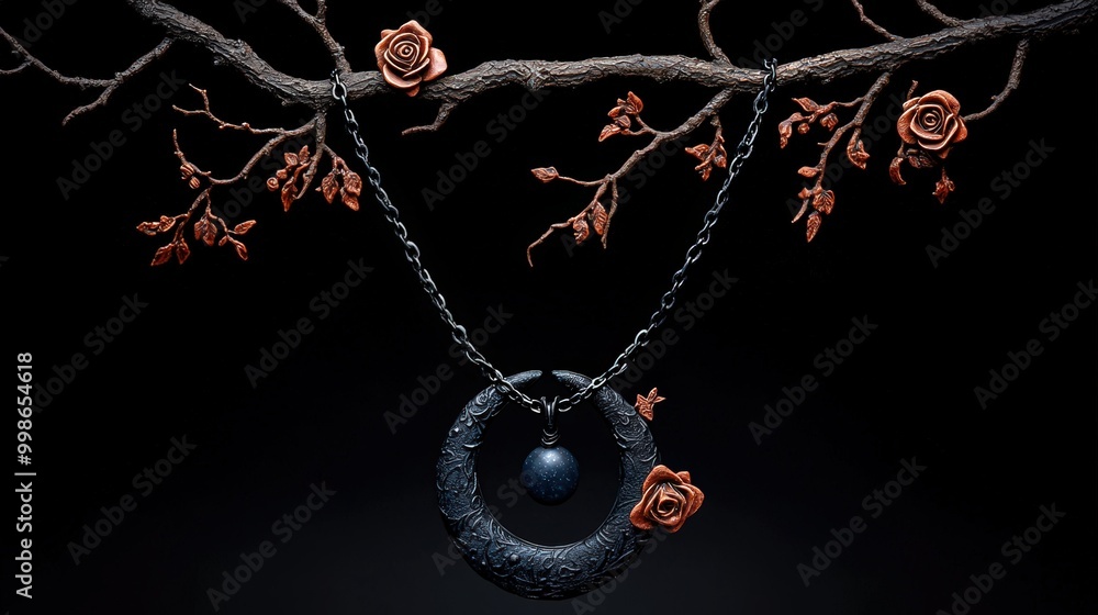 Fototapeta premium Unique necklace featuring a dark pendant and artistic rose details, showcasing elegance.